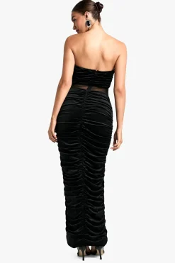 Robe Maxi en Velours avec Mesh, Décolleté Plongeant et Fronces