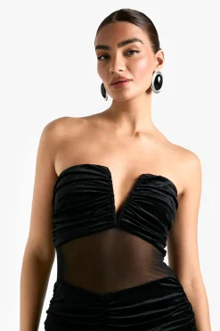 Robe Maxi en Velours avec Mesh, Décolleté Plongeant et Fronces