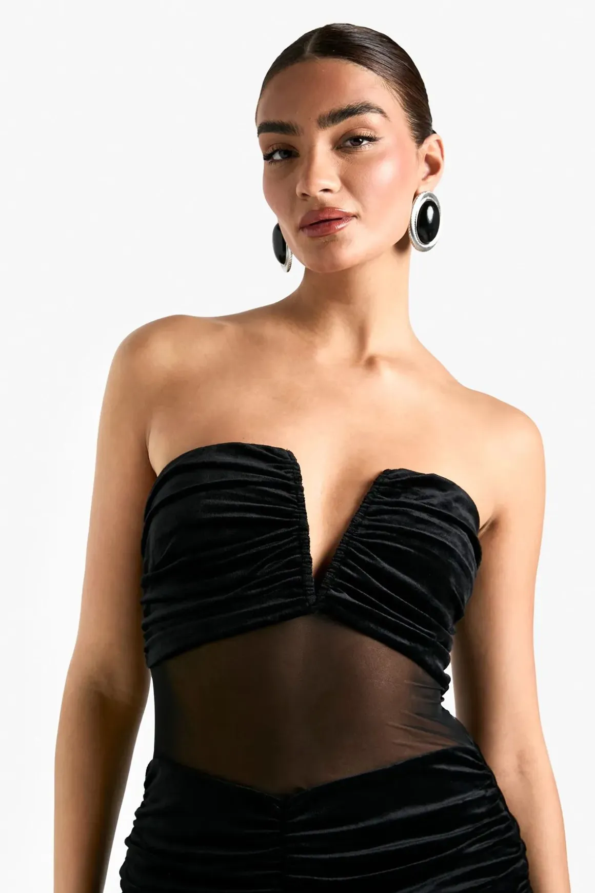 Robe Maxi en Velours avec Mesh, Décolleté Plongeant et Fronces