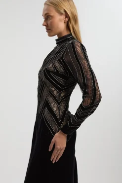 Robe Maxi en Velours à Manches Longues Ornée de Perles