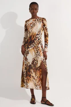 Robe maxi en viscose georgette transparente à motif animal esquissé et dos drapé