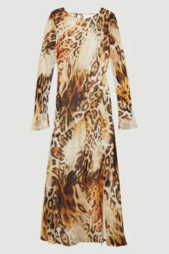 Robe maxi en viscose georgette transparente à motif animal esquissé et dos drapé