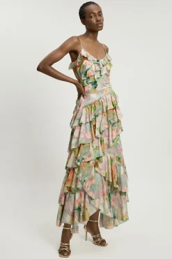 KarenMillen Robe Maxi En Viscose À Imprimé Fleuri Avec Détails De Volants<Femme Robes|Robes Longues