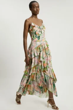 KarenMillen Robe Maxi En Viscose À Imprimé Fleuri Avec Détails De Volants<Femme Robes|Robes Longues