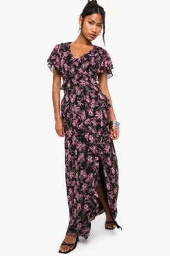 Robe Maxi Florale à Encolure en V et Fente