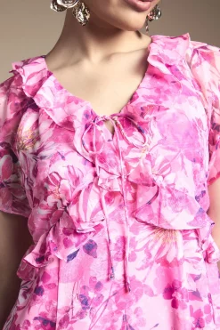 Robe Maxi Florale à Volants avec Nœud Devant