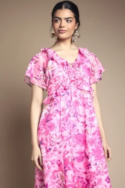 Robe Maxi Florale à Volants avec Nœud Devant