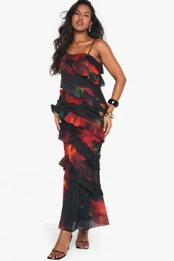boohoo Robe maxi florale à volants sombres<Femme Robes À Manches Longues|Robes