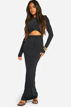 boohoo Robe maxi fluide à découpes croisées et épaulières<Femme Robes Moulantes|Robes À Manches Longues