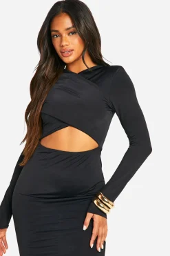 boohoo Robe maxi fluide à découpes croisées et épaulières<Femme Robes Moulantes|Robes À Manches Longues