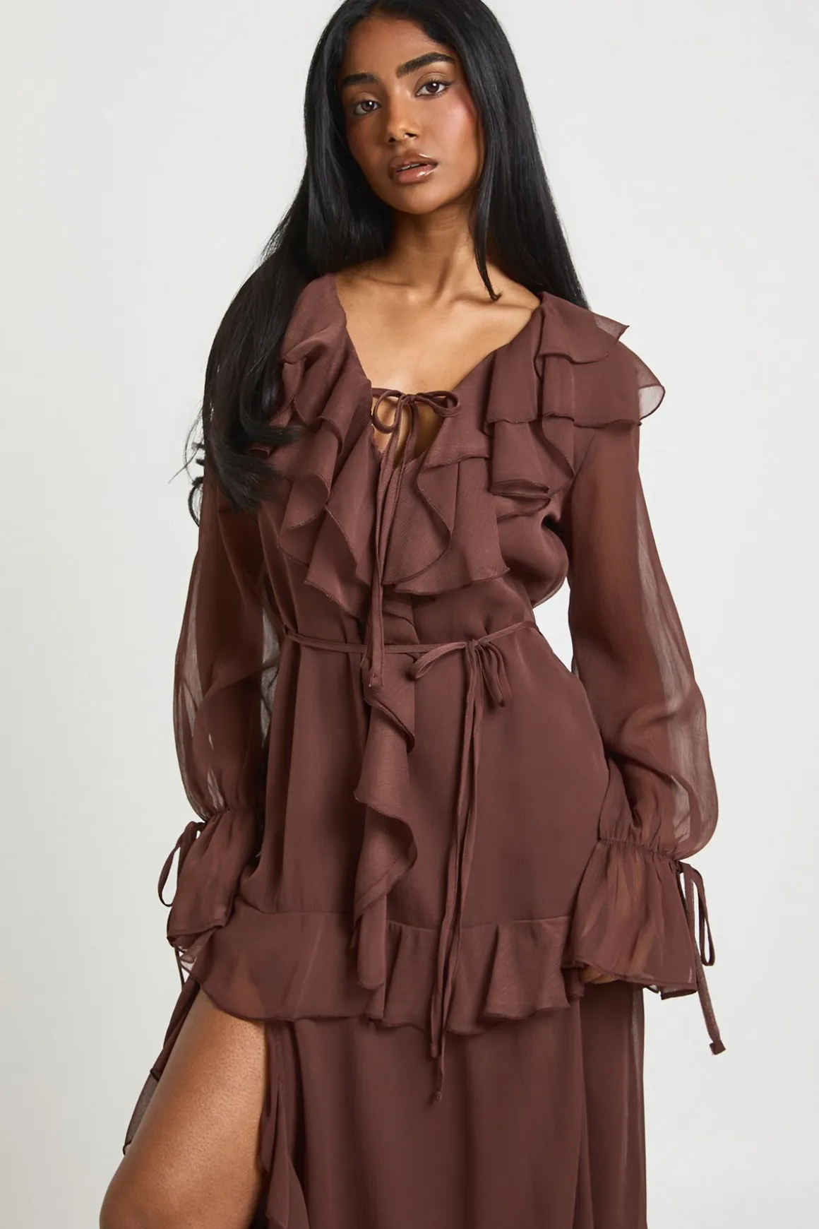 Robe Maxi Fluide en Mousseline avec Détails à Volants