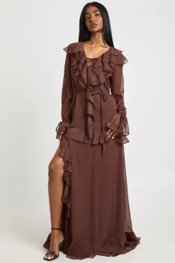 Robe Maxi Fluide en Mousseline avec Détails à Volants