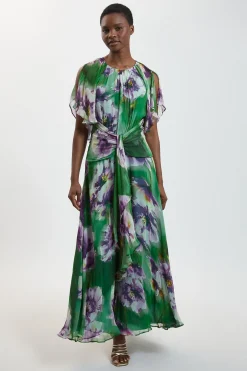Robe Maxi Fluide À Imprimé Floral Petite Avec Manches Cape À Volants En Georgette De Viscose
