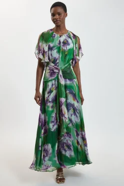KarenMillen Robe Maxi Fluide À Imprimé Floral En Viscose Georgette Avec Manches Cape Et Volants<Femme Robes|Robes Longues