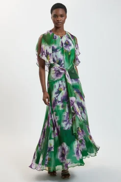 KarenMillen Robe Maxi Fluide À Imprimé Floral En Viscose Georgette Avec Manches Cape Et Volants<Femme Robes|Robes Longues