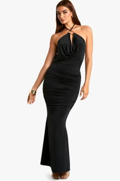 boohoo Robe Maxi fluide ruched avec détail d'encolure drapée<Femme Robes|Robes De Soirée