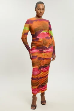 Robe Maxi Froncée En Mesh Imprimé Marbré Grande Taille