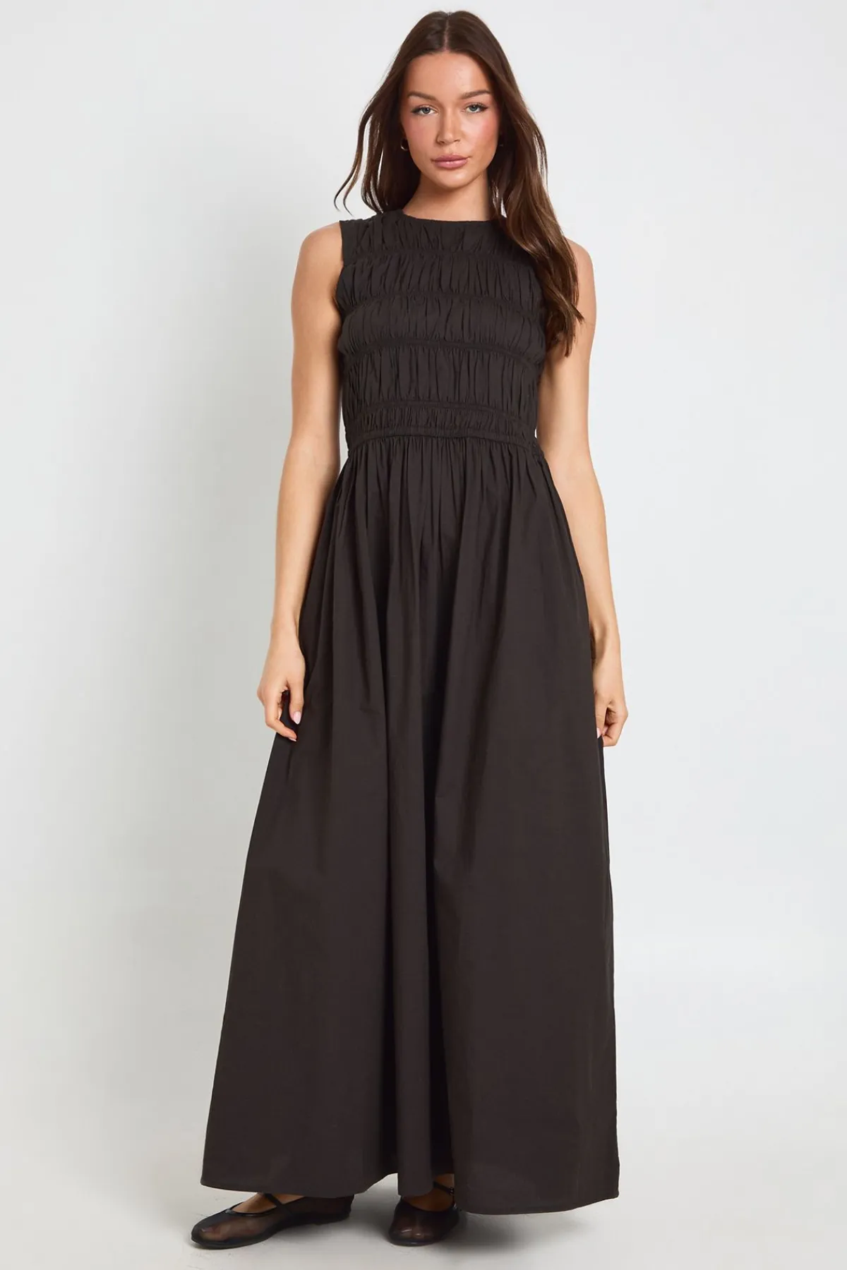 boohoo Robe Maxi Froncée En Popeline De Coton<Femme Robes Patineuses|Robes