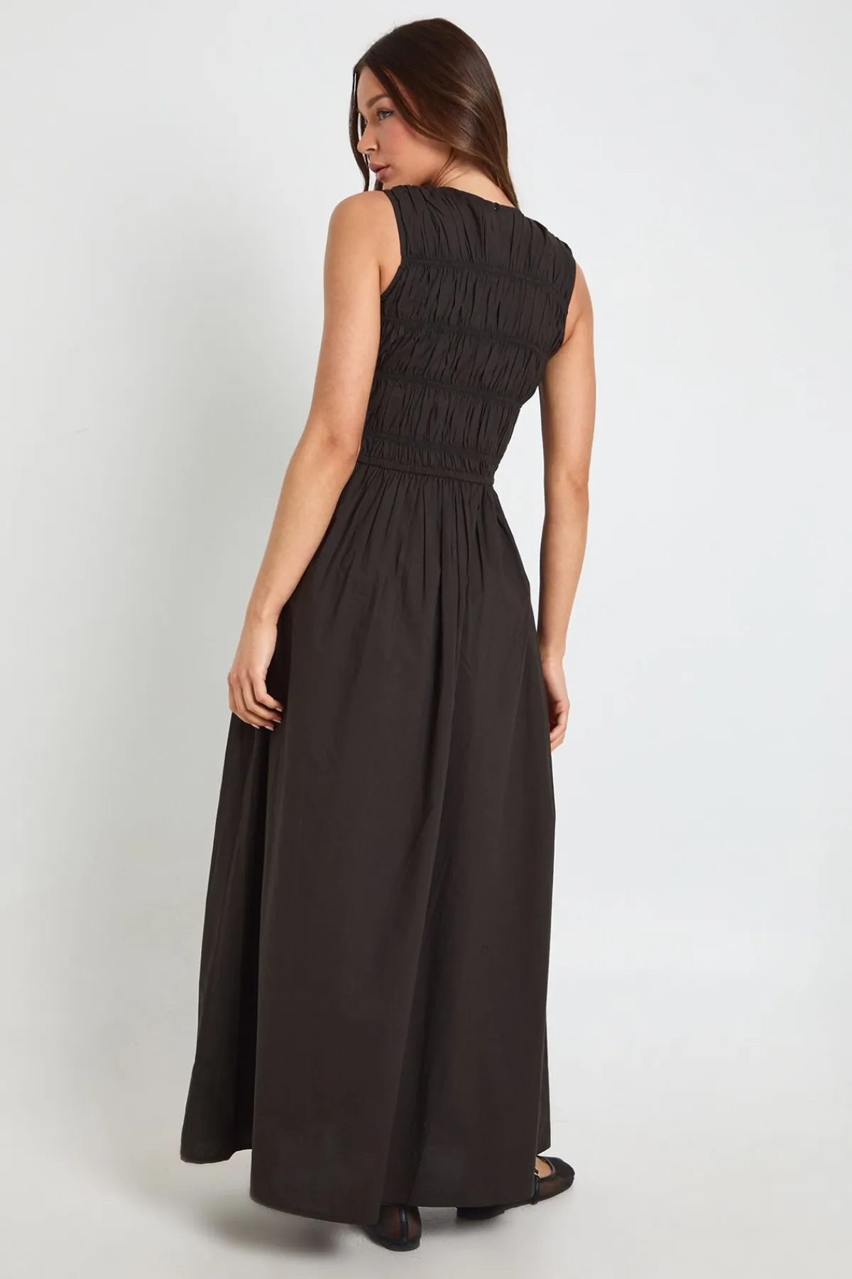 boohoo Robe Maxi Froncée En Popeline De Coton<Femme Robes Patineuses|Robes