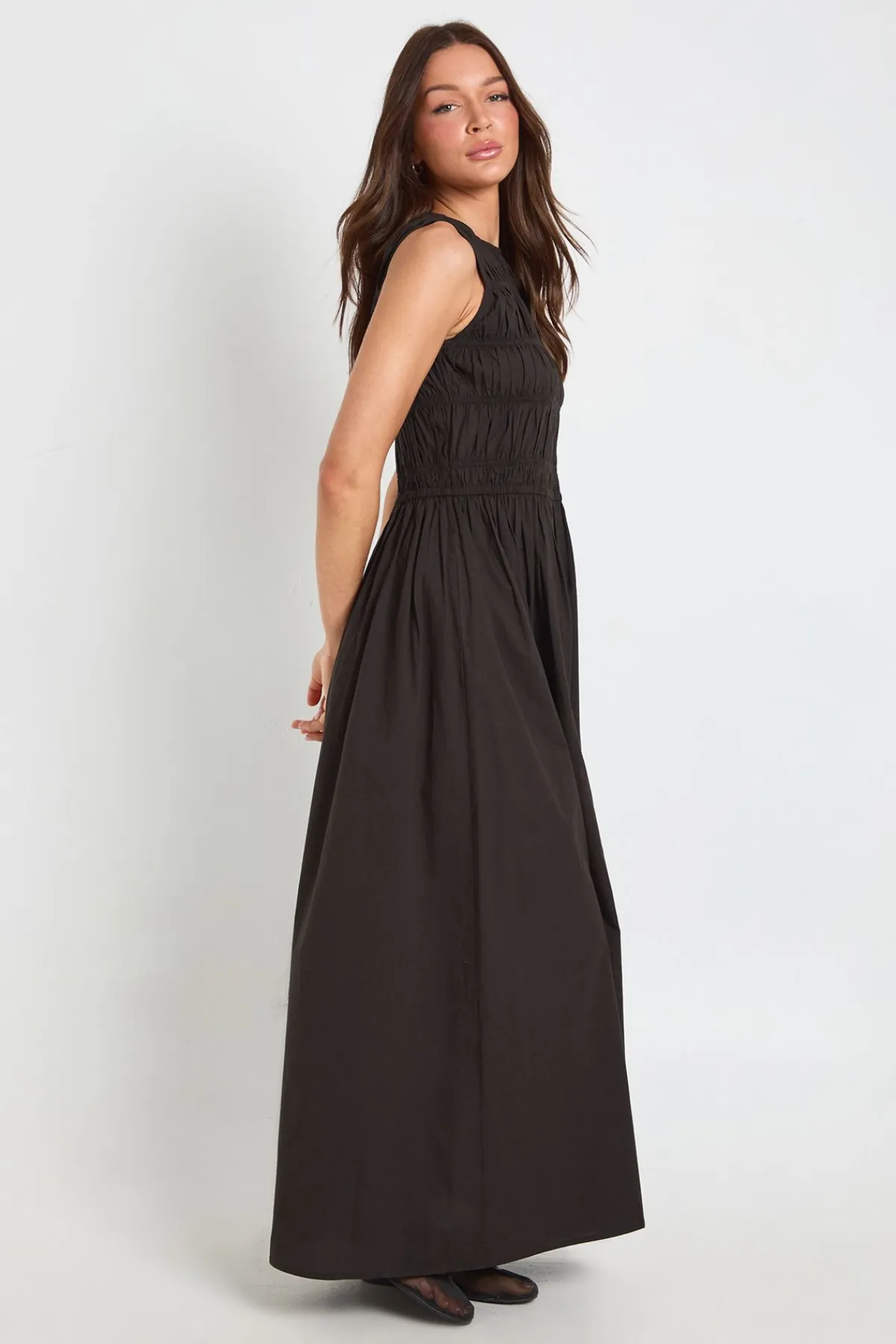 boohoo Robe Maxi Froncée En Popeline De Coton<Femme Robes Patineuses|Robes