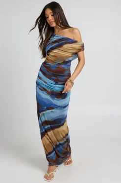 Robe Maxi Froncée À Imprimé Abstrait Tonal