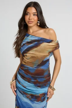 Robe Maxi Froncée À Imprimé Abstrait Tonal