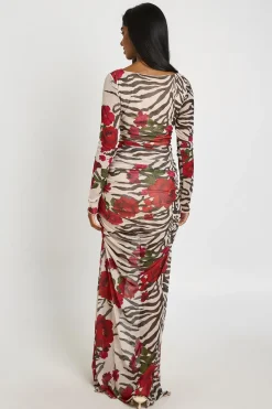Robe Maxi Froncée À Imprimé Animalier Mixte