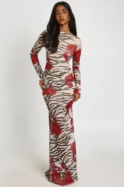 Robe Maxi Froncée À Imprimé Animalier Mixte