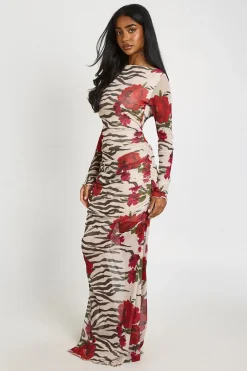 Robe Maxi Froncée À Imprimé Animalier Mixte