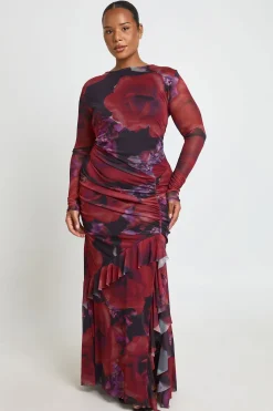 Robe Maxi Froncée à Volants en Mesh Fleuri Grande Taille