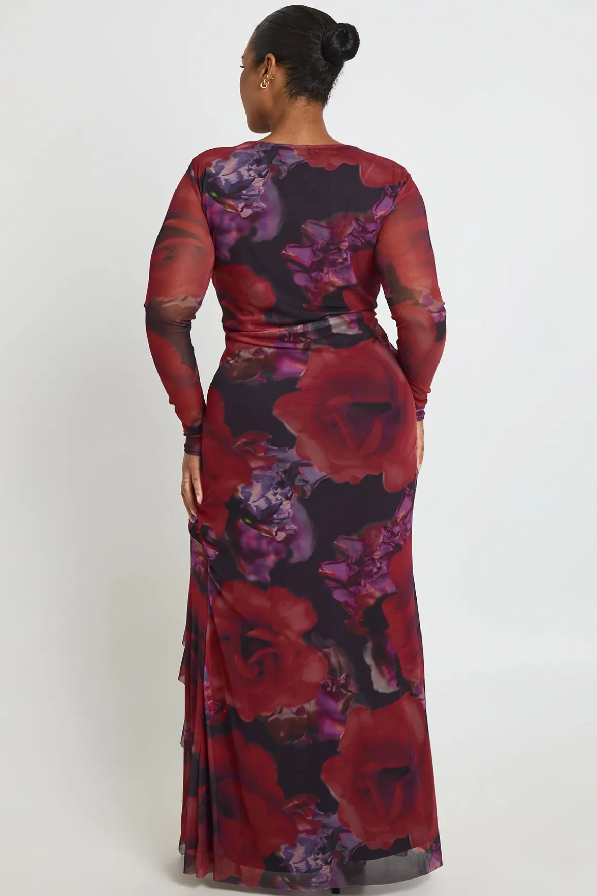 Robe Maxi Froncée à Volants en Mesh Fleuri Grande Taille