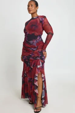 Robe Maxi Froncée à Volants en Mesh Fleuri Grande Taille