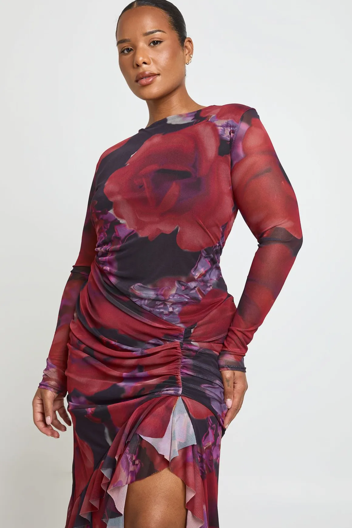 Robe Maxi Froncée à Volants en Mesh Fleuri Grande Taille
