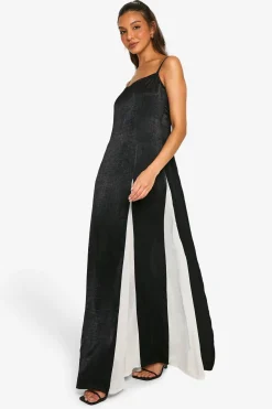 Robe Maxi à Godets en Satin Contrasté
