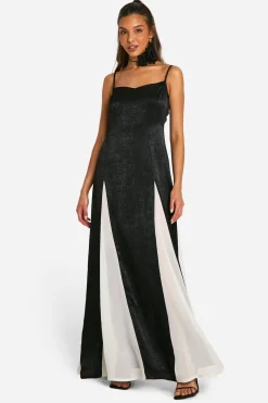 Robe Maxi à Godets en Satin Contrasté