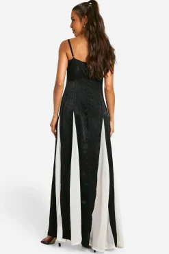 Robe Maxi à Godets en Satin Contrasté