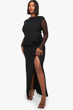 boohoo Robe Maxi Grande Taille Avec Détail Torsadé En Mesh<Femme Robes Moulantes|Robes À Manches Longues