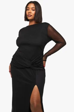 boohoo Robe Maxi Grande Taille Avec Détail Torsadé En Mesh<Femme Robes Moulantes|Robes À Manches Longues