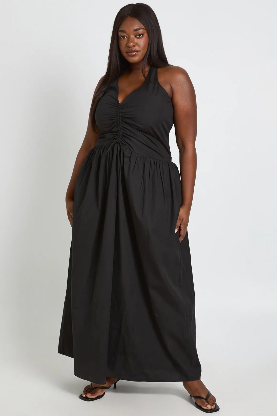 Robe Maxi Grande Taille Col Licou Avec Détail Froncé
