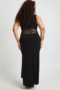 Robe Maxi Grande Taille à Col Nageur avec Panneau de Dentelle et Drapé Noué