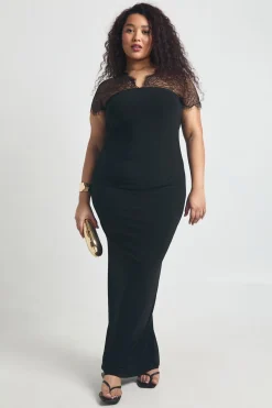 Robe Maxi Grande Taille à Col V avec Insert en Dentelle