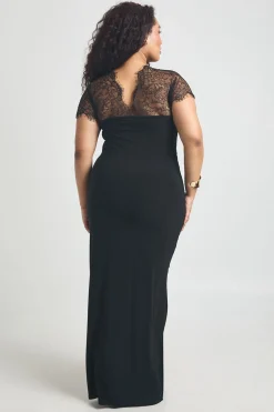 Robe Maxi Grande Taille à Col V avec Insert en Dentelle