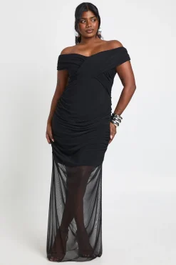 Robe Maxi Grande Taille À Encolure Bardot Et Jupe En Mesh Froncé