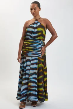 Robe Maxi Grande Taille En Georgette De Viscose À Ourlet Tombant Imprimé Animal Col Licou Tissé