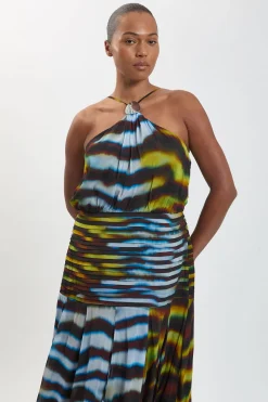 Robe Maxi Grande Taille En Georgette De Viscose À Ourlet Tombant Imprimé Animal Col Licou Tissé