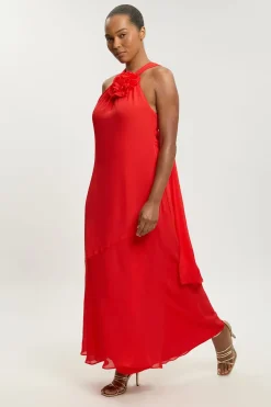 KarenMillen Robe Maxi Grande Taille En Georgette De Viscose À Col Licou Avec Rosette Et Volants<Femme Robes|Robe Invitée Mariage