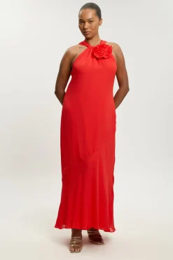 KarenMillen Robe Maxi Grande Taille En Georgette De Viscose À Col Licou Avec Rosette Et Volants<Femme Robes|Robe Invitée Mariage