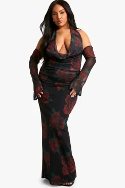 Robe Maxi Grande Taille en Maille Imprimée à Encolure Drapée et Froncée