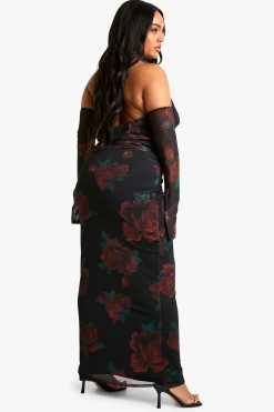 Robe Maxi Grande Taille en Maille Imprimée à Encolure Drapée et Froncée