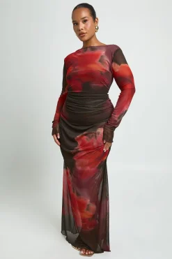 Robe Maxi Grande Taille En Mesh Froncé À Motif Floral